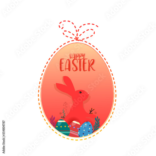 Happy Easter day greeting card with rabbit, easter eggs, plant and text in big size egg on top with ribbon on white background. For banner, template, card, postcard, media.