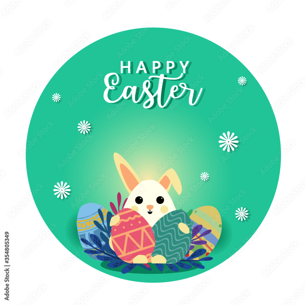 Happpy Easter day greeting card with easter rabbit hug eggs hunt, flower and text in the circle shape design. Aqua menthe green tone color background. For banner, template, card, label, tag on sale.
