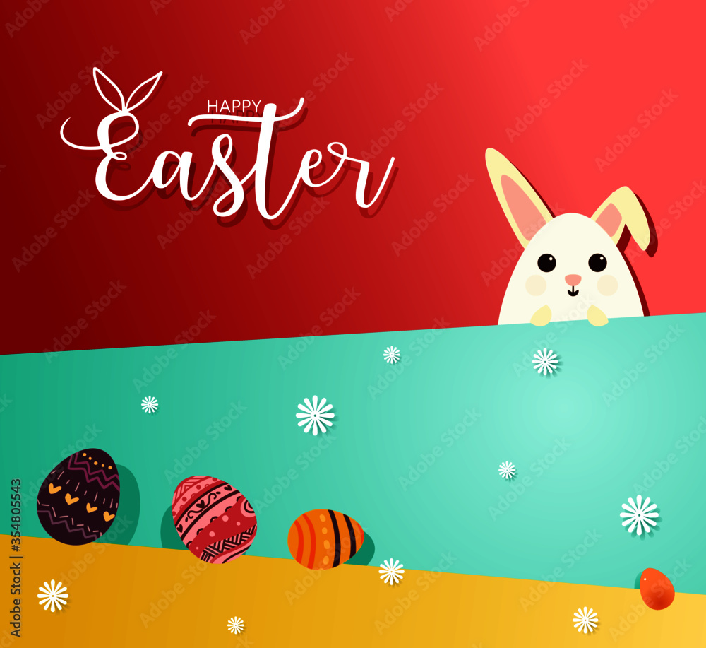 Happy Easter day greeting card with easter rabbit and eggs hunt, flower and text design on colorful three tone color background. For banner, template, card, label, tag on sale.