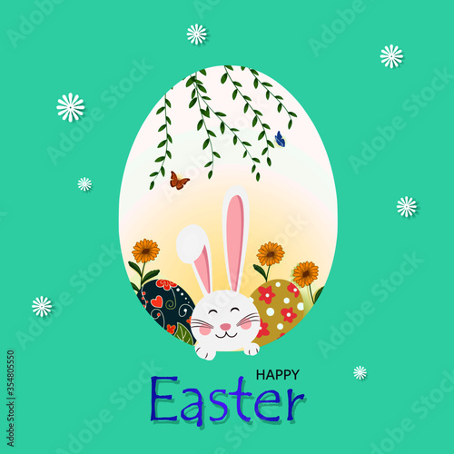 Happy Easter day greeting card with rabbit, easter eggs, sunflower, leaf and butterflys in egg frame with aqua menthe background. For banner, template, card, postcard, media.