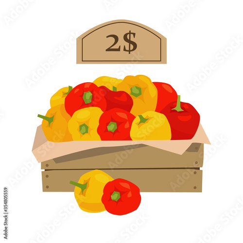 Bell pepper in a wooden box. Price tag. Vector illustration. Isolated on a white background.