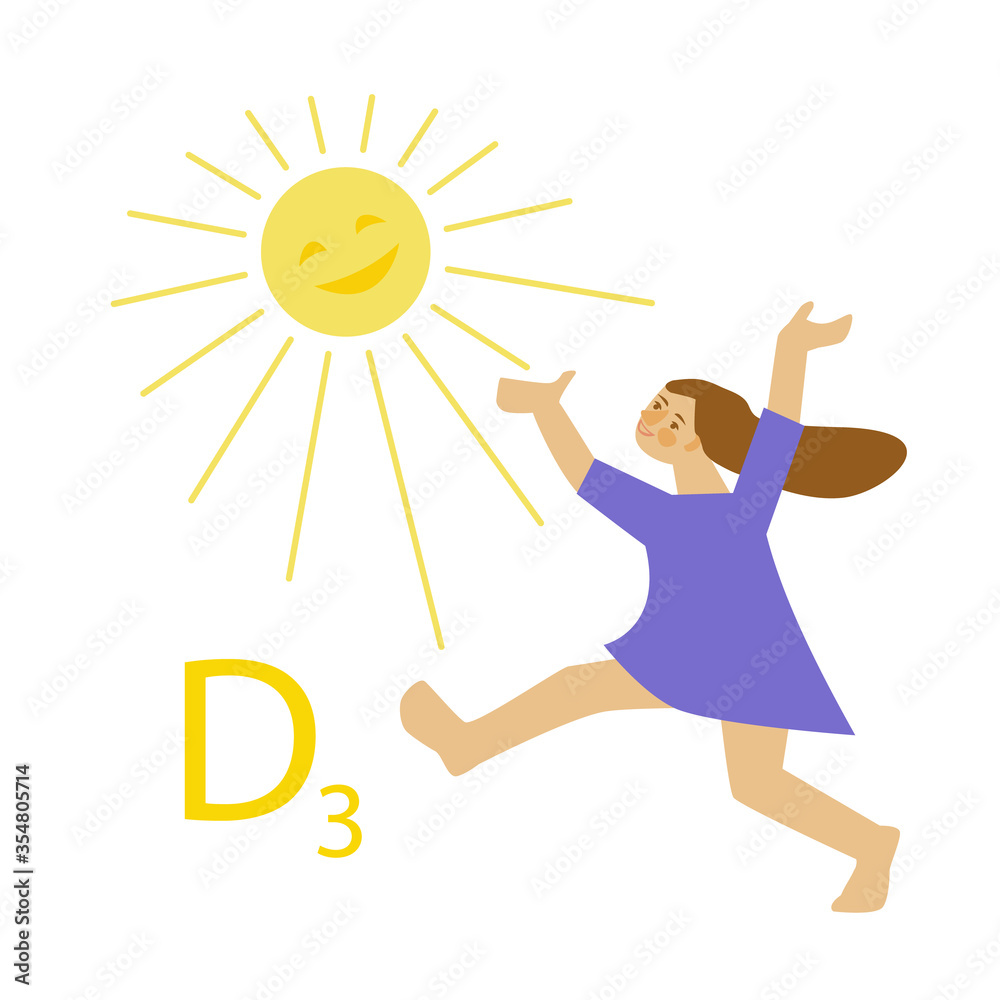 A cheerful girl in a blue dress runs, jumps, raising her hands up. The sun is shining. The inscription D 3. Vector illustration. Isolated on a white background. A cheerful girl in a blue dress runs, jumps, raising her hands up. The sun is shining. The inscription D 3. Vector illustration. Isolated on a white background.