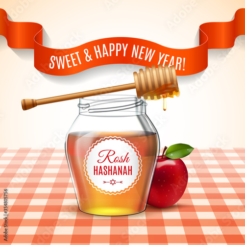 Rosh Hashanah holiday. Sweet and happy new year. Background with honey and apple on the tablecloth. Shana tova poster and set icon. Vector illustration.