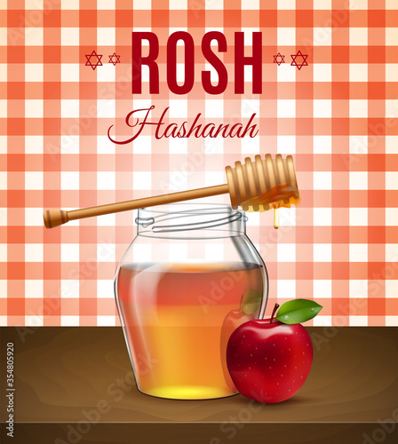 Rosh Hashanah holiday. Sweet and happy new year. Background with honey and apple on the table. Shana tova poster and set icon. Vector illustration.