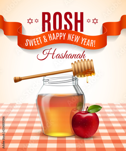 Rosh Hashanah holiday. Sweet and happy new year. Background with honey and apple on the tablecloth. Shana tova poster and set icon. Vector illustration.