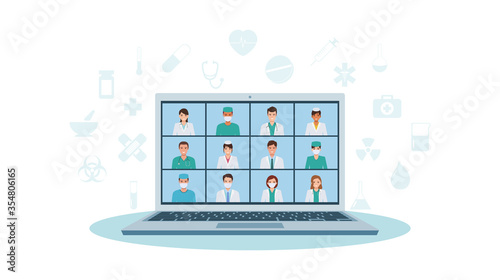 Group of doctor and nurse medical staff video calling by laptop working at hospital during corona virus pandemic quarantine in flat icon design