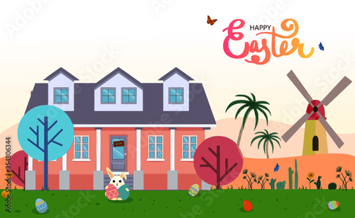 Happy Easter Day at home in garden greeting card with house, windmill, rabbit, easter eggs hunt in dense grasses, tree, cactu, flower and butterfly. For banner, card, postcard, label tag.
