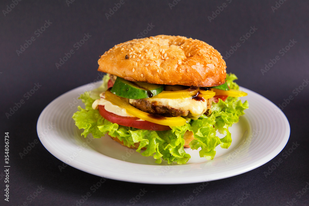 Burger with beef patty tomato and vegetables with lettuce
Burger with beef patty tomato and vegetables with lettuce