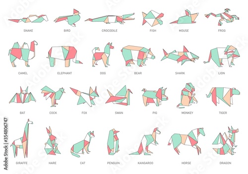 Set of animal paper origami in flat style with snake and bird, crocodile and fish, mouse and frog.