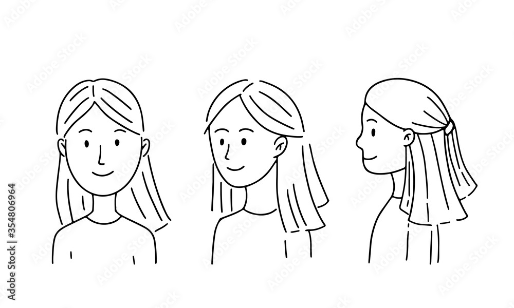 Linear doodle illustration of a girl in different positions: front, three quarters, profile. Woman portrait icon, logo for design and graphics.