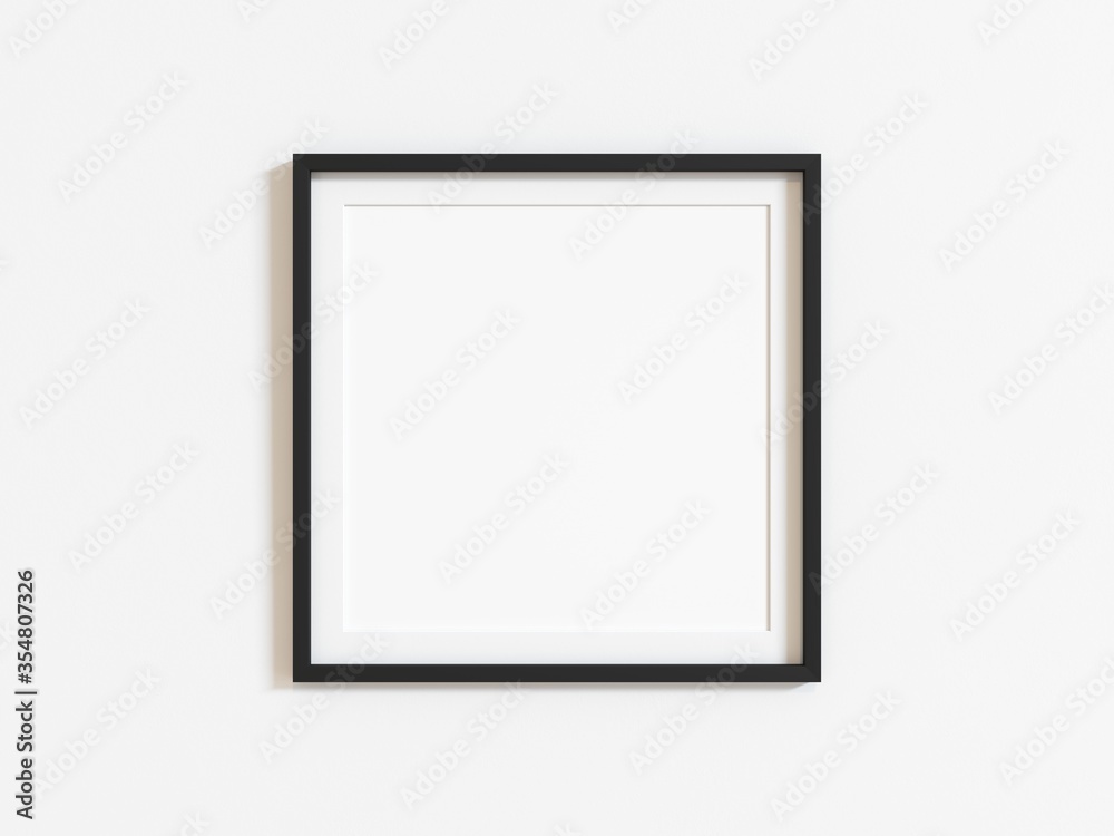 Black square frame mockup on white wall. 3d illustration. Black square frame mockup on white wall. 3d illustration.