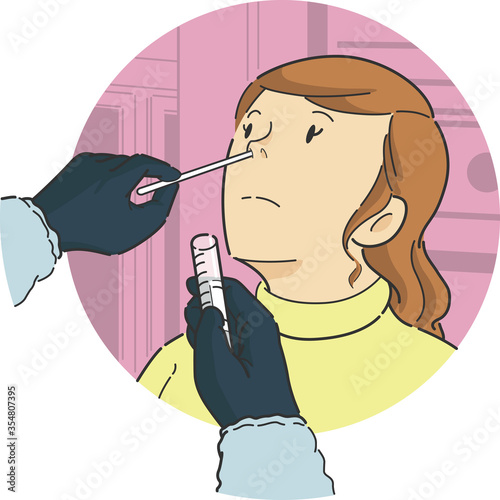 Nasal swab test on female patient in front view to check analyze specimen sample of illness disease infection