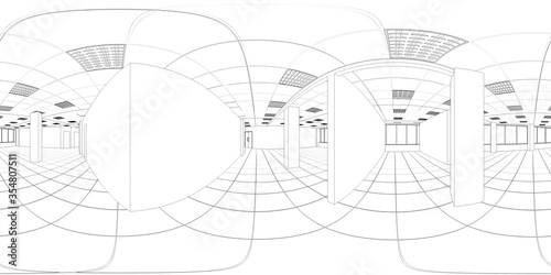 spherical panorama of the interior  contour visualization  3D illustration  sketch  outline