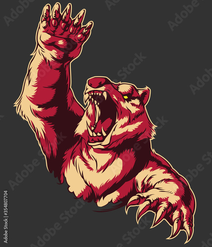 Retro angry bear attacking roaring isolated swinging arm mauling on black-and-white B-movie style vector illustration