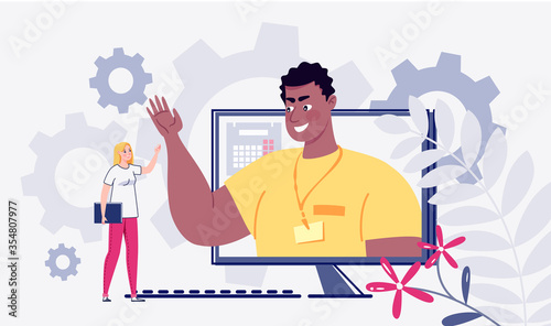 E-learning, online learning. Technology and digital culture. The teacher teaches the student online. Vector illustration.