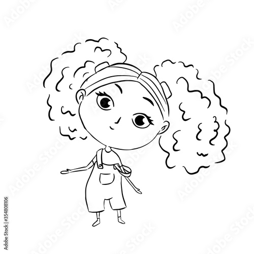 Vector illustration of the smallest little girl in overalls with big fluffy curls - ponytails on her head. A happy child in childhood stands.
