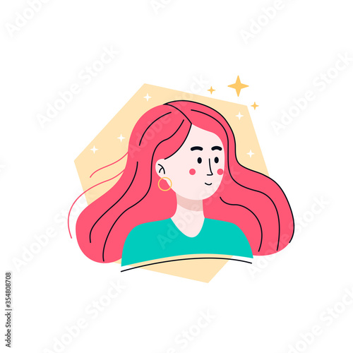 Portrait of a cute girl with pink hair in a modern trendy flat style. Female illustration with a girl's face with a background of geometric shapes for design. Inspiration concept.
