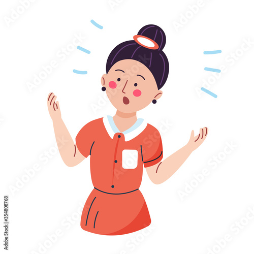 Vector illustration of annoyed angry adult woman at a loss. Portrait of a brunette girl in simple flat style isolated on a white background. The concept of anger, scream, fright.