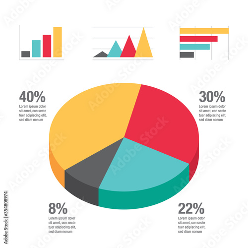 Minimalistic colorful infographic with element icons. Flat design pie charts, graph bars for ads app logo web banner ui ux, isometric graphic illustration concept vector isolated on white background