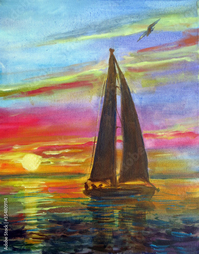 silhouette of a sailing yacht against the backdrop of a bright sea sunset, oil painting