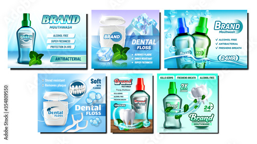 Mouthwash And Dental Floss Posters Set Vector. Floss And Mouth Wash Blank Container, Herbal Mint Leaves And Ice Cube On Creative Marketing Banners. Oral Protect Color Concept Layout Illustrations