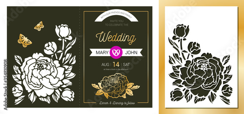 Laser cutting template floral fold card. Trendy paper art envelope with luxury gold wedding invitation. Lace decor panel with peony and butterfly. Stencil Silhouette. Die cut vector for Valentines day