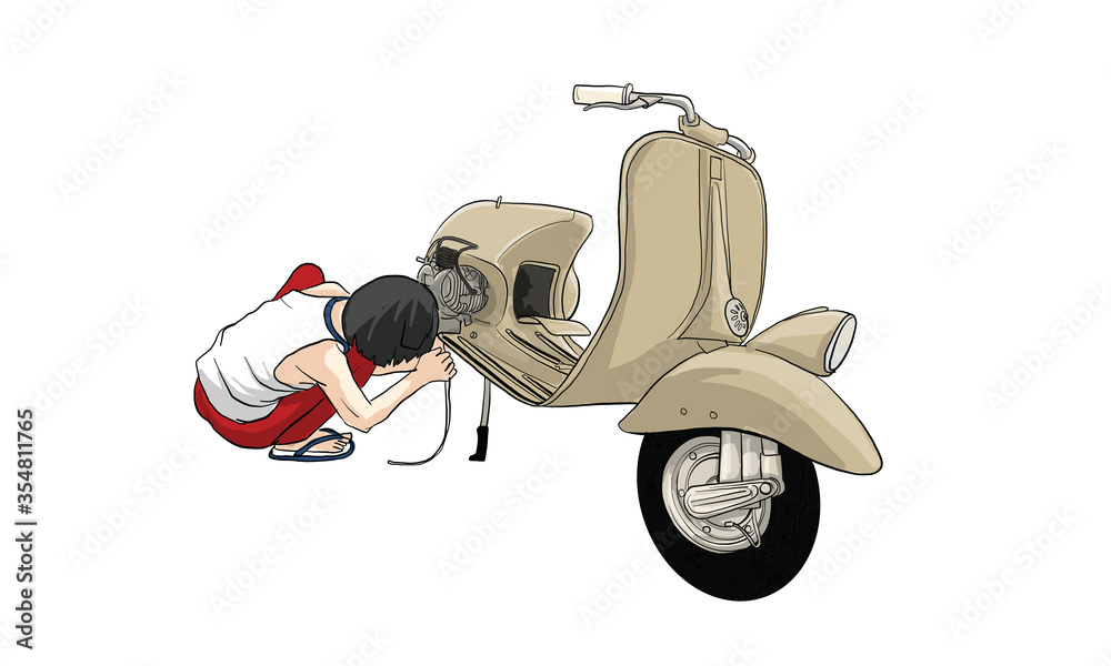 Fototapeta premium man riding vintage scooter action, vector