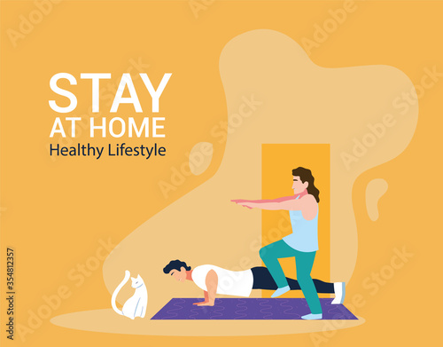 couple doing stretching and strength exercise in living room