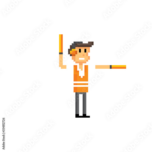 Airport employee. Pixel art. Old school computer graphic. Element design stickers, logo, mobile app, menu. 8 bit video game. Game assets 8-bit sprite. 16-bit.