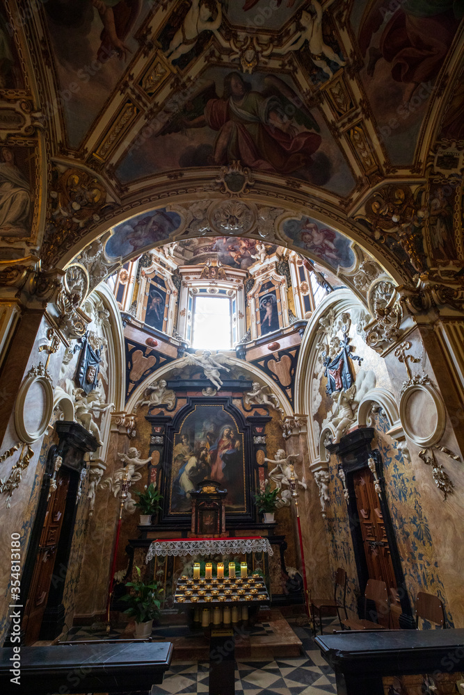 Sacro Monte (VA), Italy - June 01, 2020: Church inside at pilgrimage village of Santa Maria del Monte on Sacro Monte di Varese, UNESCO, Santa Maria del Monte, Varese, Lombardy, Italy
