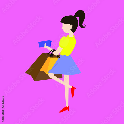 Happy summer shopping girl with separate shopping bags on a pink background