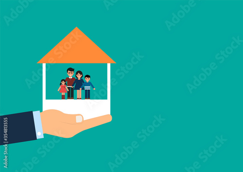 Vector illustration EPS10 of Businessman holding model house and model family on green background, Finance and Banking
