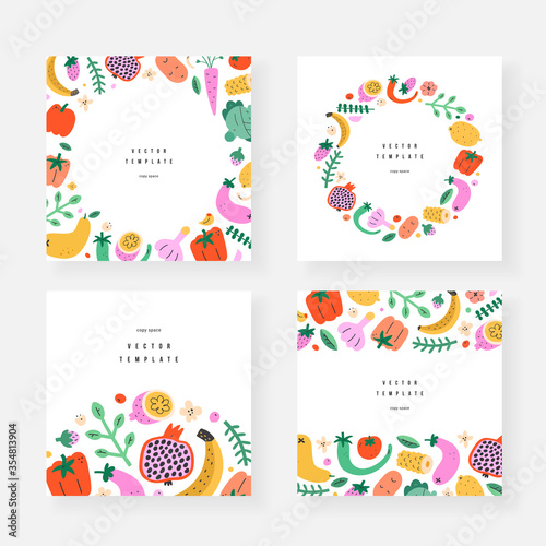 Vegetables frames templates, set of invitation or greeting card, copy space backgrounds, borders and wreaths with fruits food illustrations, vector arrangements, good as menu cover, label