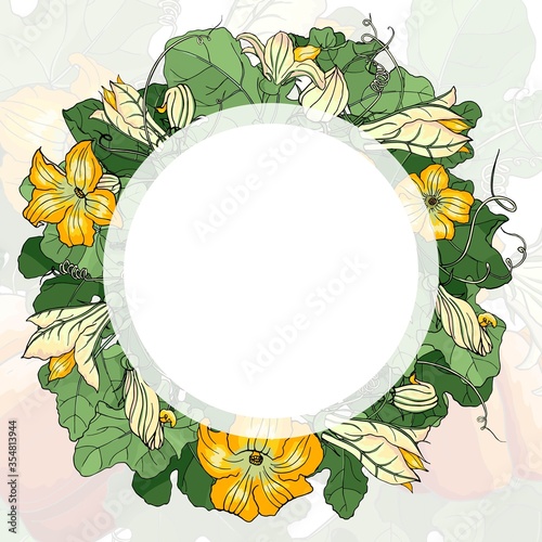 Vector square multicolored autumn card. Wreath of colorful leaves and pumpkin flowers, round frame on multicolored background. Hand line drawing. Template for Thanksgiving greeting card, invitation.