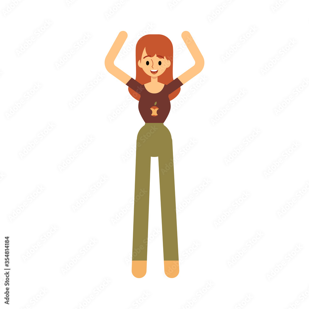 Smiling woman standing with arms raised up flat cartoon style Smiling woman standing with arms raised up flat cartoon style