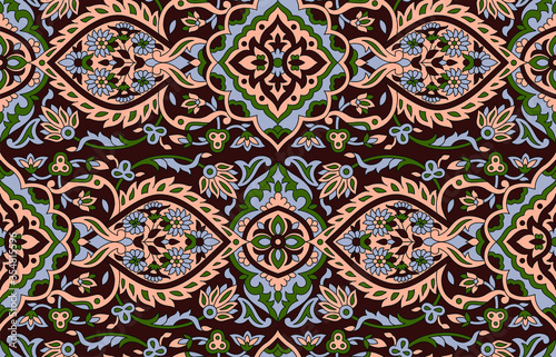 Seamless paisley pattern with flowers leaves and brown background