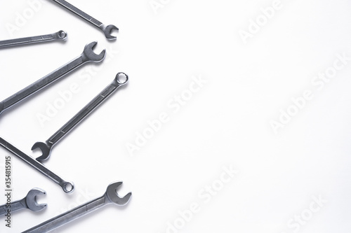 Set of wrenches on white background, great design for any purposes. Business wallpaper. White background. Technology concept. Repair service. Copy space.