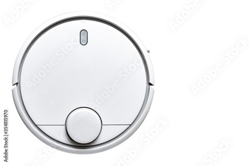 Modern white robot vacuum cleaner isolated on white background. Technology concept. Smart home concept. Hygiene concept.