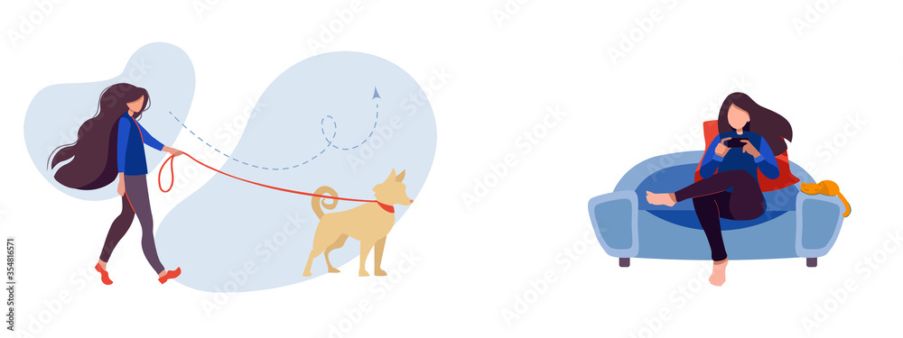 Fototapeta premium Home Entertainment Illustration Set. The girl makes purchases online, sits on the couch with a red cat,