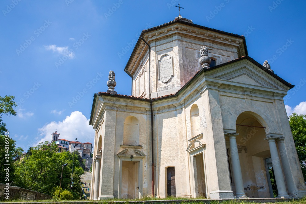Sacro Monte (VA), Italy - June 01, 2020: A chapel at pilgrimage village of Santa Maria del Monte on Sacro Monte di Varese, UNESCO, Santa Maria del Monte, Varese, Lombardy, Italy