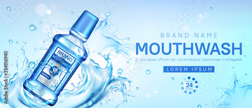 Mouthwash bottle in water splash. Vector realistic brand poster with cosmetic product for dental care, mouth rinse for tooth protection. Promo banner, advertising background