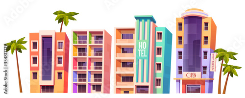 Buildings, hotels in Miami at summer time, modern house architecture. Isolated multistory dwellings, stores and restaurants with glass windows and palm trees around, Cartoon vector illustration, set