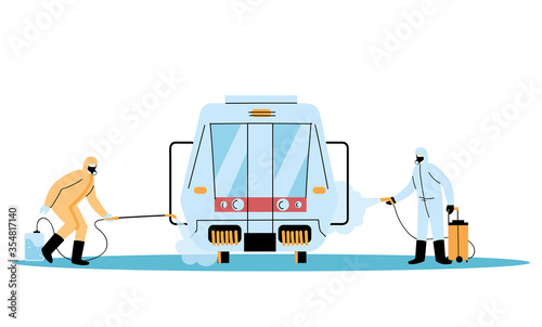 Men wearing protectives suits and disinfectant isolated to avoid covid 19, disinfect telespheric