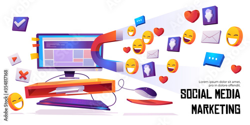 Social media marketing banner. Smm strategy campaign, magnet attracting audience, likes, feedbacks and followers from computer desktop screen. Influencer viral content, Cartoon vector illustration