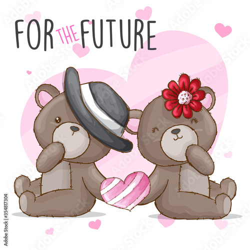 Cute bear holding pink love cartoon illustration for kids. Cool cat wearing black hat and beauty bear with a flower. Little bears with love, hat, and red flower