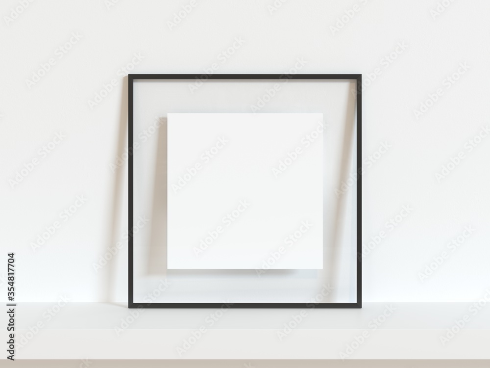 Square black thin empty frame mock up on white wall. 3d illustration. Square black thin empty frame mock up on white wall. 3d illustration.