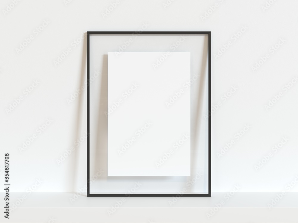 Vertical black thin empty frame mock up on white wall. 3d illustration. Vertical black thin empty frame mock up on white wall. 3d illustration.