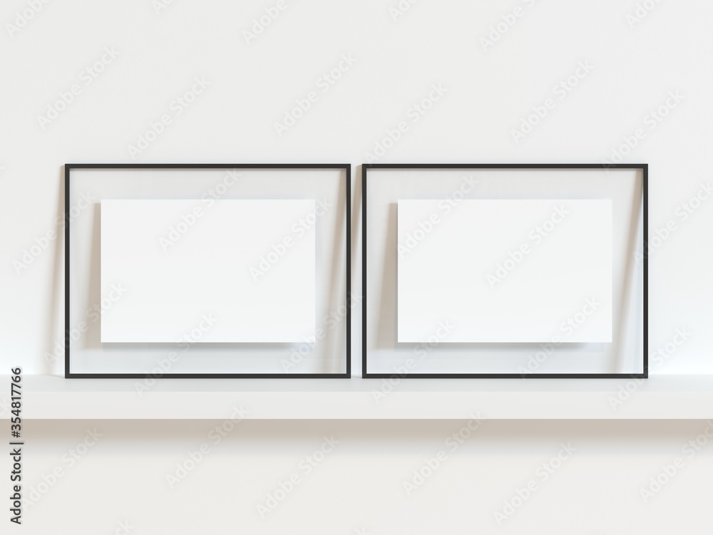 Two horizontal black thin frame mock up on white wall. 3d illustration. Two horizontal black thin frame mock up on white wall. 3d illustration.