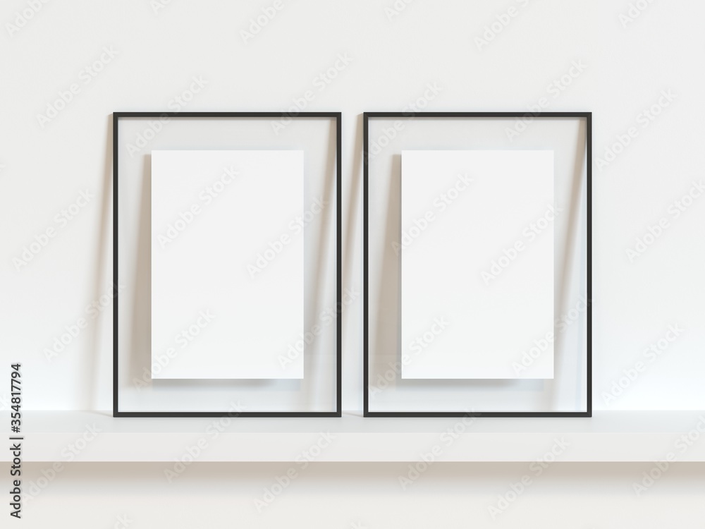 Two vertical black thin empty frame mock up on white wall. 3d illustration.