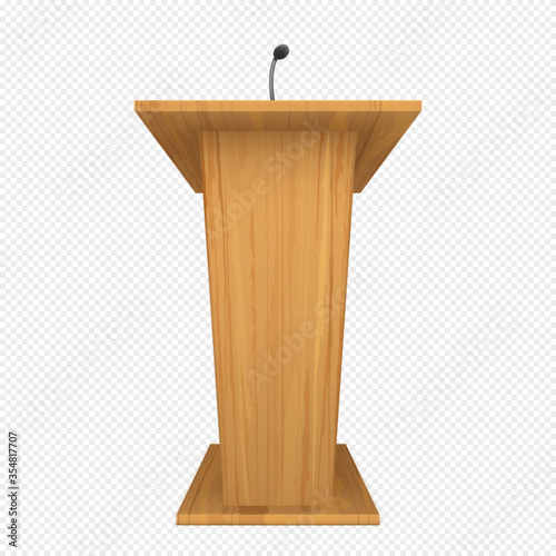 Wooden podium or pulpit with microphone for speaker on conference, lecture or debate. Vector realistic rostrum for orator on presentation for press, communication with public. Tribune for speech